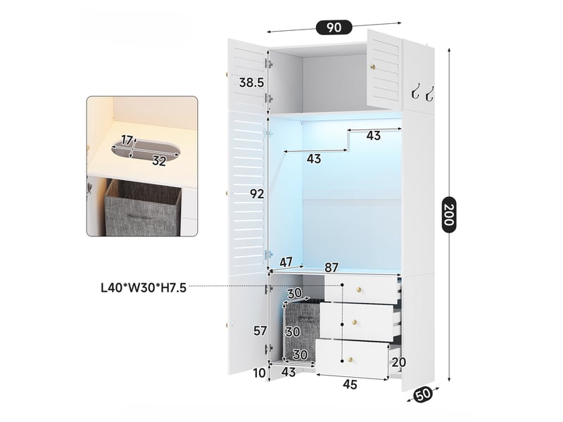  Armoire chambre 90x50x200 cm, avec panier à linge intégré et tringle led, avec 3 tiroirs, en panneaux de particules style persienne, blanc  - Conforama E
