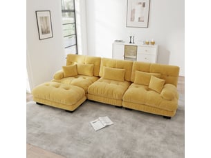 Canapé nuage d'angle modulable 3 places 313x145x81 cm avec pouf mobile, assise profonde, accoudoirs arrondis, chenille jaune