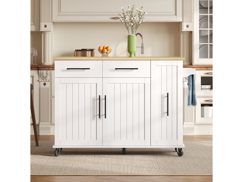  Îlot de cuisine blanc et naturel 120 x 40 x 90 cm – chariot roulant avec organisateur coulissant 3 étages, 5 roues dont 2 freinées TG Store - Conforama E