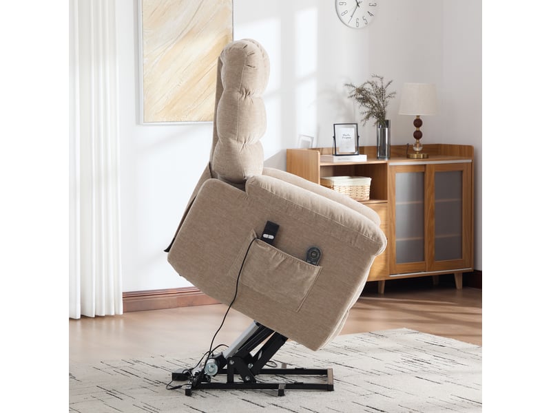 Fauteuil releveur électrique beige, massage chauffant, dossier et repose-pieds réglables, en tissu chenille, pour salon - Conforama E