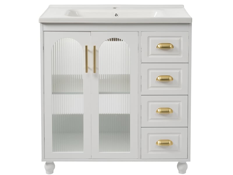  Meuble de salle de bain 80cm - meuble sous vasque avec lave-mains céramique - 2 portes verre flûté, 3 tiroirs - blanc  - Conforama A