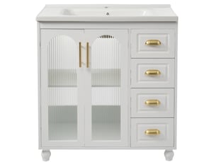 Meuble de salle de bain 80cm - meuble sous vasque avec lave-mains céramique - 2 portes verre flûté, 3 tiroirs - blanc