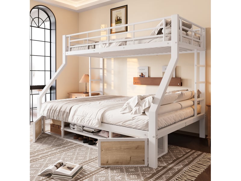 Lit 140x200cm+lit 90x200cm, lit enfant, sommier, lit superposé, structure métal, 2 portes, coloris blanc, moderne, sans matelas - Conforama B