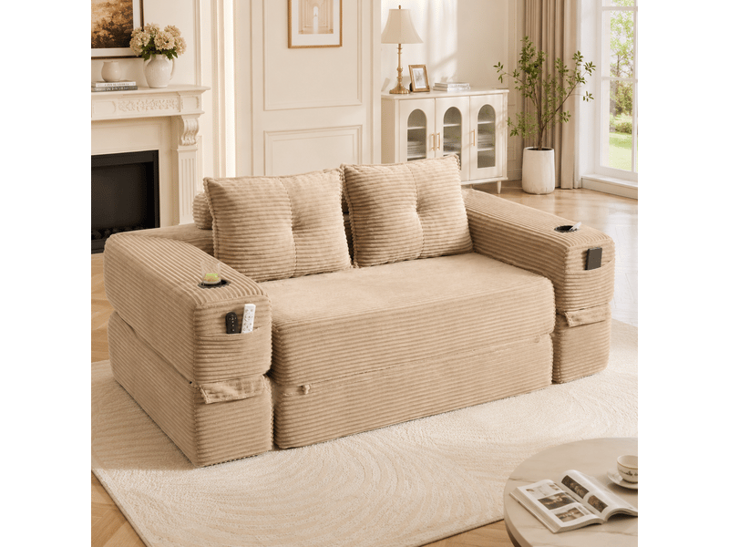  Sofa convertible 2 places hautdroit en velours côtelé beige, moelleux et confortable, pour canapé et lit  - Conforama B