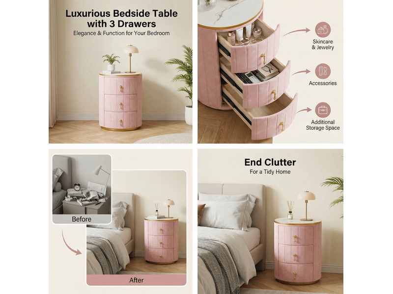  Table de chevet ronde 40 x 40 x 52,5 cm à 3 tiroirs, velours rose, plateau effet marbre, finitions métal doré  - Conforama E