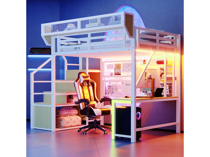Lit mezzanine en métal 140 x 200 cm - avec bureau - avec échelle de sécurité - avec éclairage led - avec prise électrique - blanc (matelas non inclus)  - Conforama E