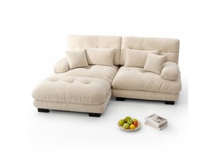 Canapé modulaire 220x145x81cm 2 places, poufs mobiles, coussins inclus, assise généreuse, tissu chenille, café clair