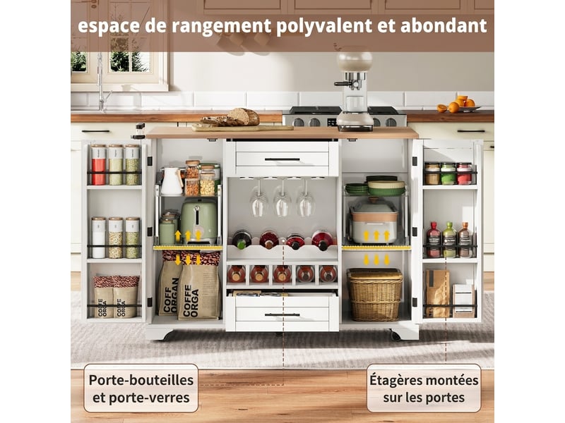  Îlot de cuisine sur roulettes, desserte blanche avec plan de travail rabattable  - Conforama C