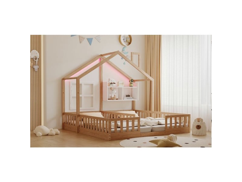  Lit d'enfant en bois - 90x200 cm - design maison - éclairage led - garde-corps de sécurité - espaces de rangement 204x188x161cm - Conforama E