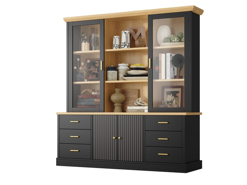  Buffet haut avec 6 tiroirs et portes vitrées, 140x40x185 cm, noir  - Conforama A