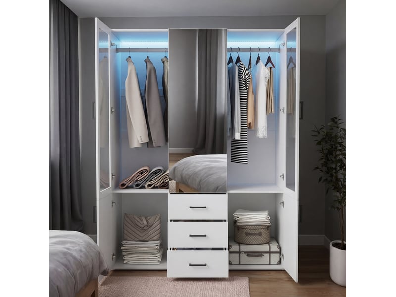  Armoire de chambre - 130x51,8x181,5cm - meuble de rangement avec 3 portes, miroir central et éclairage led - blanc  - Conforama D