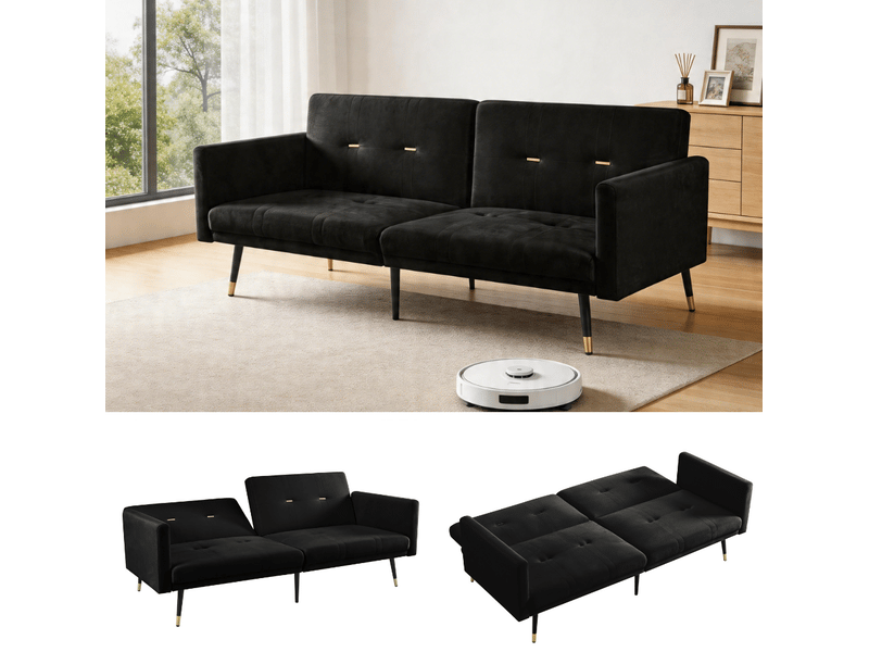  Canapé convertible 2 places 164x89x70 cm dossier inclinable 5 positions, velours, pieds métal, noir  - Conforama E