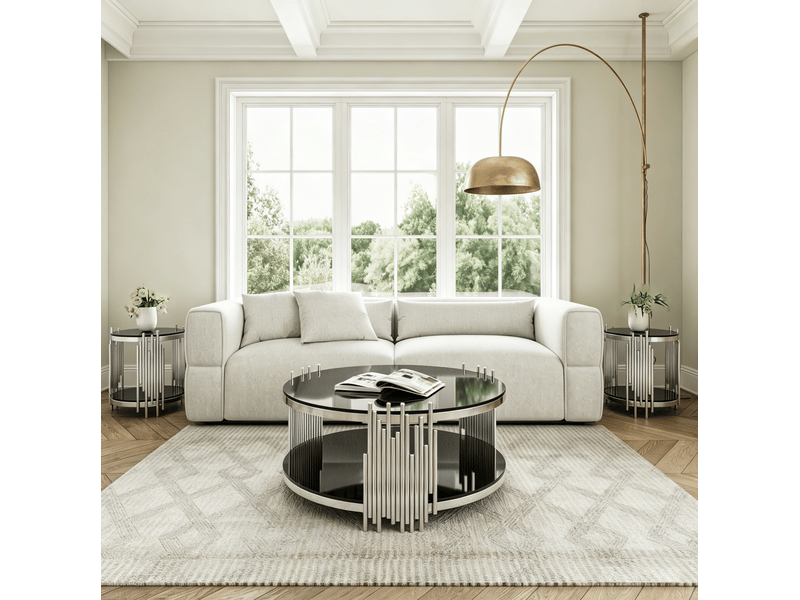  Table basse ulevr ronde à 2 niveaux de rangement ø80 cm, verre trempé noir et acier inoxydable argenté  - Conforama D
