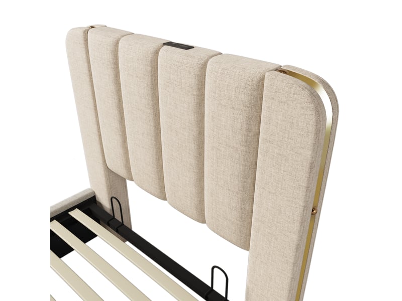  Lit coffre 1 place 90x200 cm en lin beige avec rangement hydraulique, ports usb et type-c, sans matelas  - Conforama E