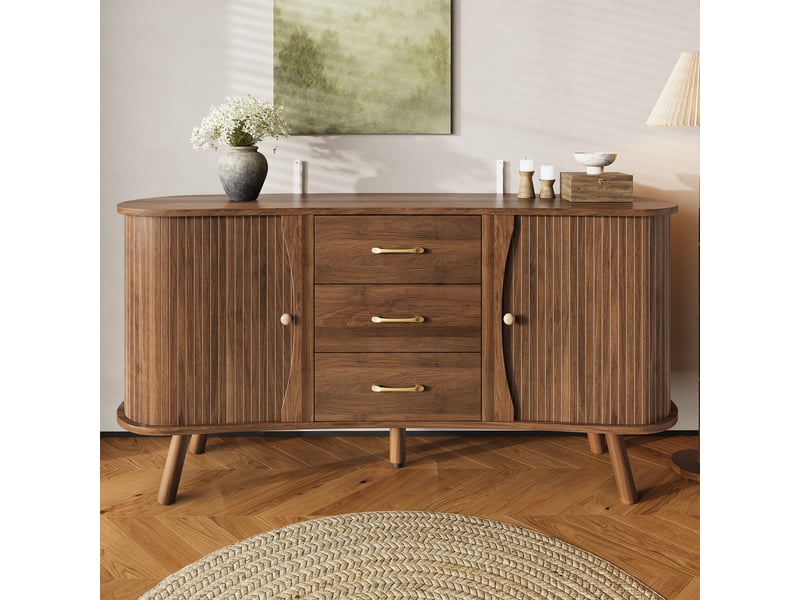  Buffet bas 150x36,5x75cm, 2 portes coulissantes, 3 tiroirs, étagères réglables, pieds en bois massif, finition noyer style scandinave, salon  - Conforama B