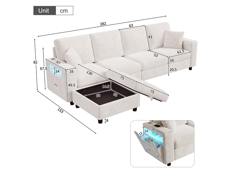 Canapé d'angle 4 places en tissu velours beige, 282×153×82 cm, pouf avec rangement, accoudoir led et ports usb - Conforama C