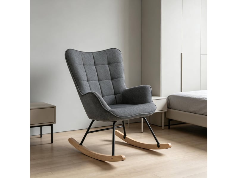  Fauteuil à bascule avec dossier haut et design ergonomique en velours, métal et bois gris foncé  - Conforama E