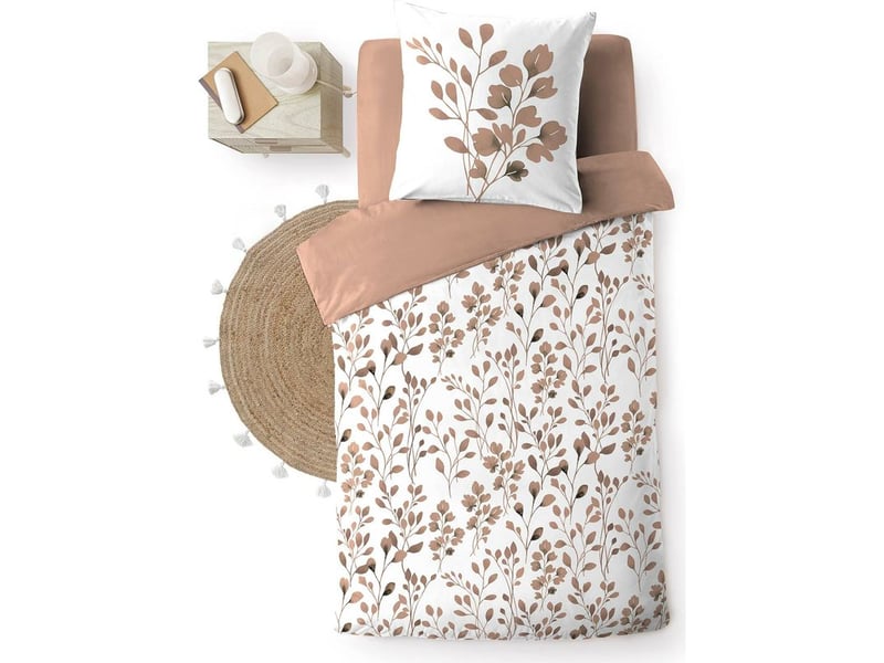  Douceur d'intérieur – housse de couette 140 x 200 cm 100 % coton 57 fils – motif végétal mocha – avec taie 63 x 63 cm – lavable en machine  - Conforama D
