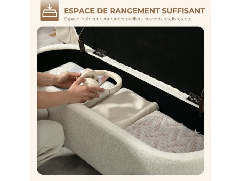  Banc de rangement, crème, banc coffre de rangement en tissu bouclette avec couvercle relevable et pieds en acier  - Conforama A
