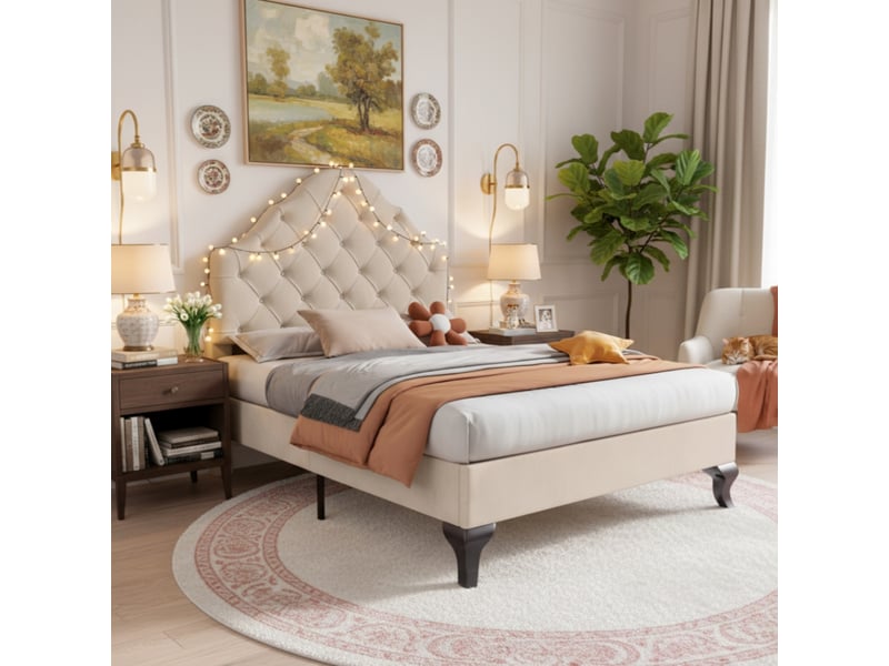  Lit simple 90x200 cm avec sommier à lattes bois, lit adulte, rembourré velours beige, tête de lit réglable en hauteur  - Conforama C
