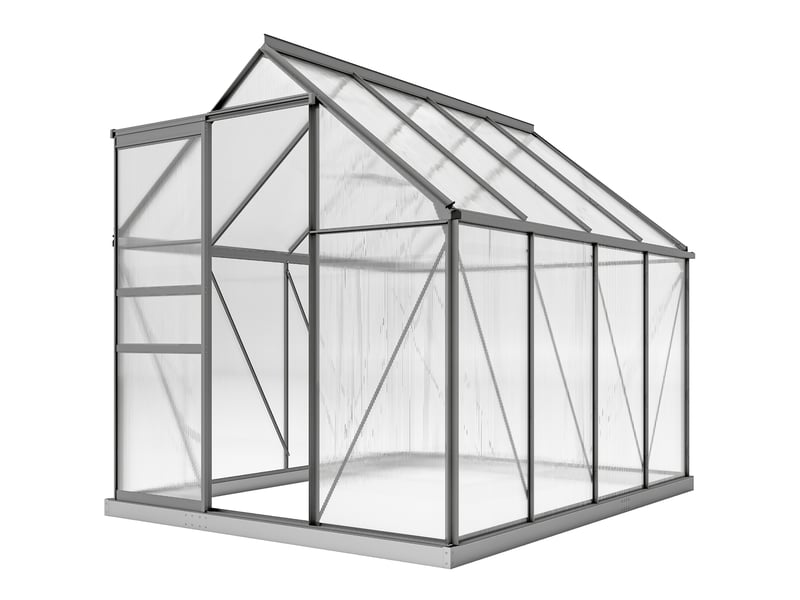  Serre en polycarbonate et aluminium avec fenêtre ouvrante et porte coulissante, 190 x 253 x 199 cm, gris foncé  - Conforama B