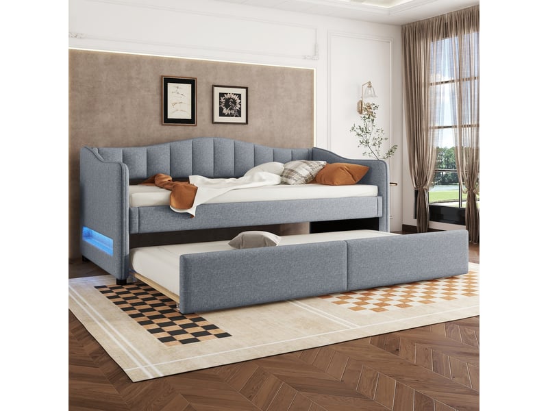 Lit de jour 90x200cm avec lit gigogne, éclairage d'ambiance, sans matelas, gris, lin  - Conforama D