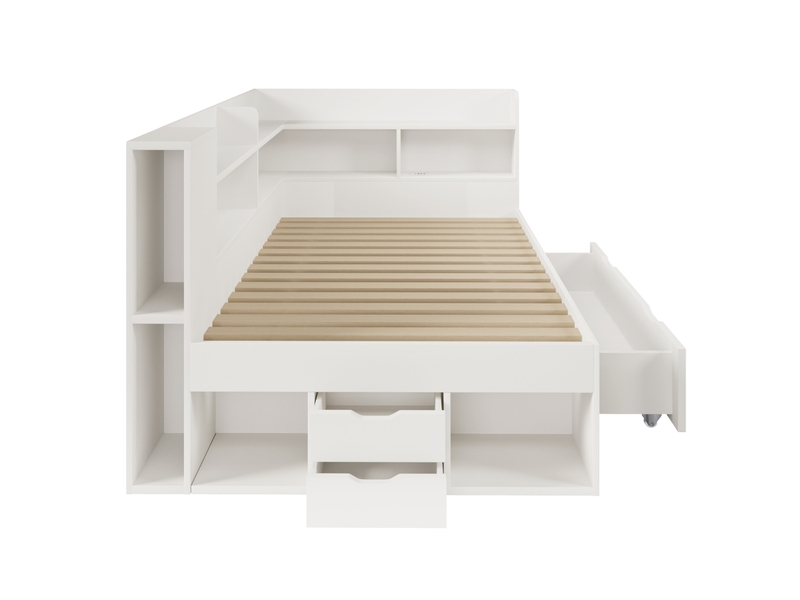  Lit simple enfant 90x200 cm – blanc – led, rangements, tiroirs et station usbtype-c de charge intégrée  - Conforama E