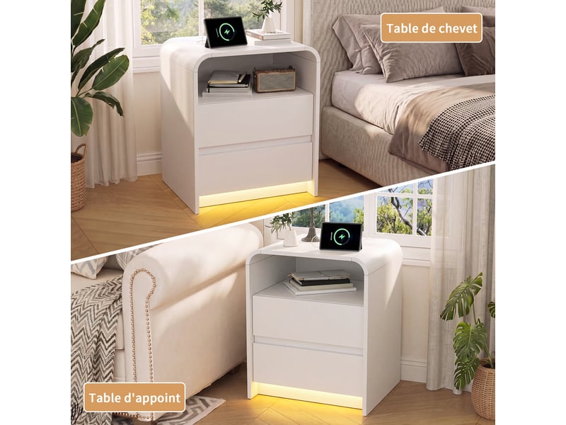  Table de chevet blanche lot de 2, avec éclairage led rgb, station de recharge 2 prises + usb‑c, 2 tiroirs + compartiment ouvert, conception sans poignée  - Conforama R