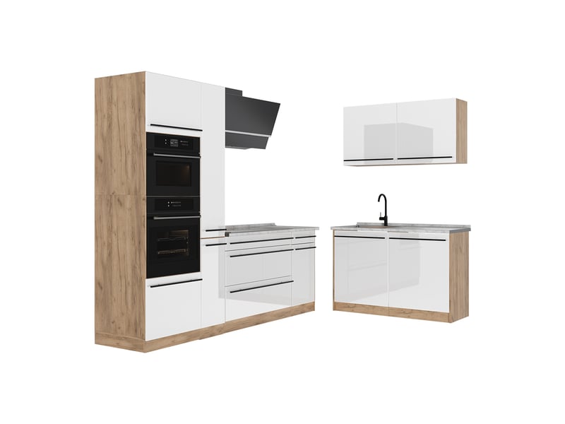  Vicco cuisine en angle, blanc haute brillancechêne doré, 230 x 120 cm plan de travail marbre  - Conforama A