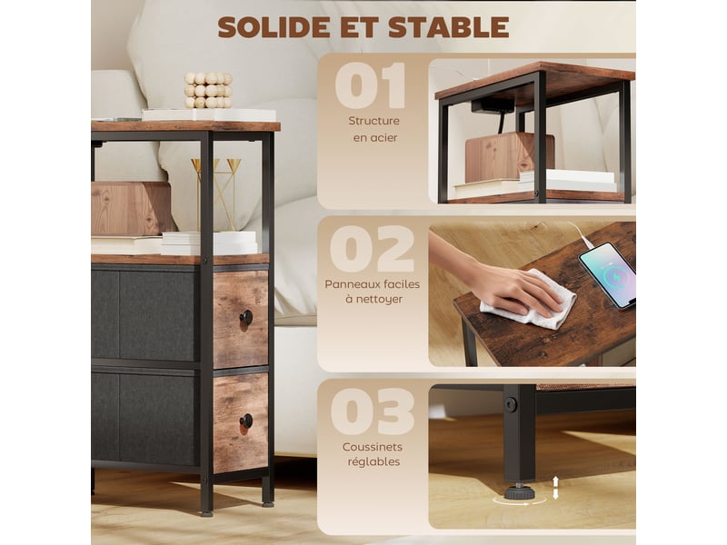  Table d'appoint avec station de charge, table de salon étroite avec 2 tiroirs en tissu, brun rustique, étagère ouverte  - Conforama R