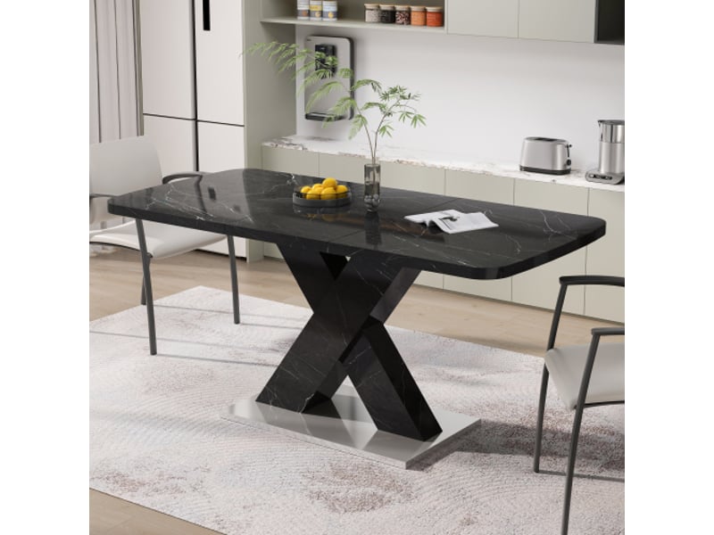  Table à manger rectangulaire moderne extensible 120–160 cm, plateau effet marbre noir, pieds en x mdf, socle métallique  - Conforama B
