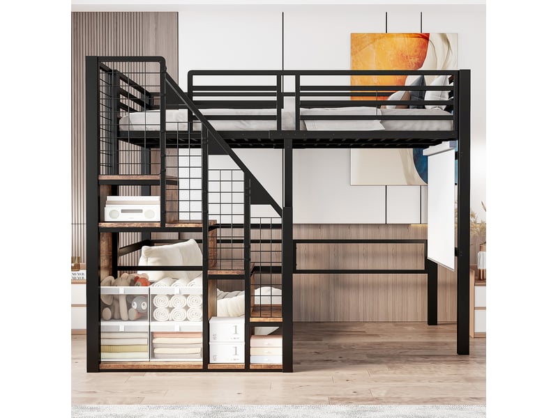  Lit mezzanine tcqpz 90 x 200 cm avec échelle de sécurité, rangement intégré, métal noir  - Conforama D