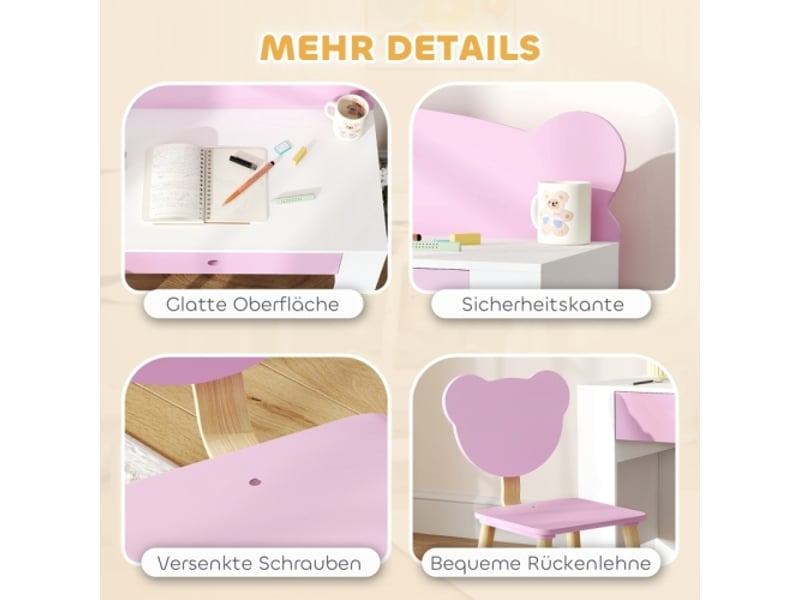  Bureau enfant rose avec chaise, plateau et tiroir, forme ours, pour filles et garçons, bois  - Conforama E
