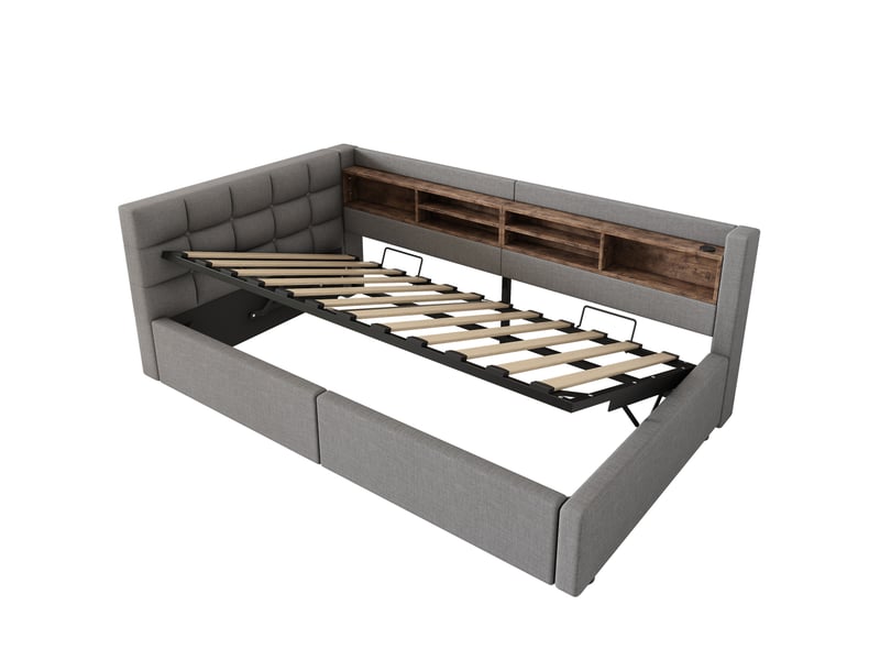  Lit de jour, canapé-lit, 90 x 200 cm, sans matelas, suspension hydraulique, avec bande led à intensité variable, étagère pratique et port usb, gris  - Conforama E