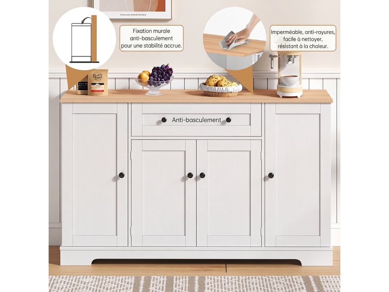 Buffet de cuisine multifonctionnel, bahut de 138 cm, mdf blanc et naturel  - Conforama D