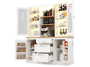 Meuble de cuisine 185 x 140 x 40 cm - 3 tiroirs, plan de travail, étagères réglables, éclairage led pilotable par application, finition noirblancvert.