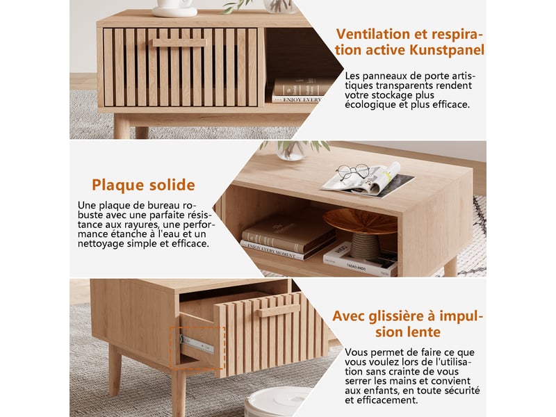  Table basse bois ,table basse de salon avec tiroir , table d'appoint en en bois massif, meuble de salon ,100x50x43 cm  - Conforama W