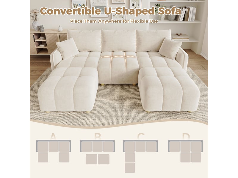 Canapé d'angle modulable 5 places en lu avec 2 poufs, canapé nuage en tissu chenille, larges accoudoirs, beige - Conforama D