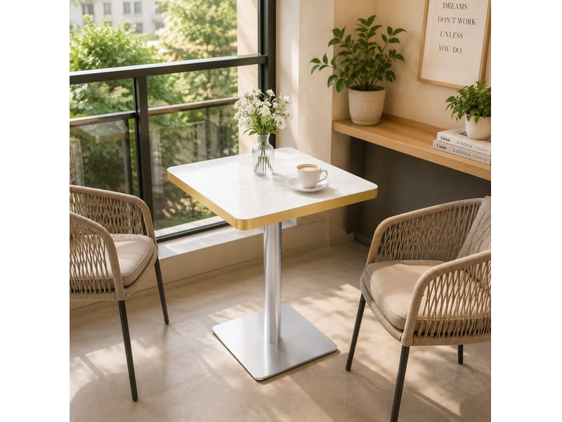 Table de salle à manger carrée pour 2 à 4 personnes, piètement métal, aspect marbre blanc 60 × 60 × 74 cm - Conforama B