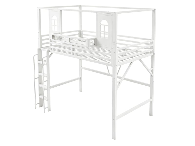  Lit mezzanine enfant,90x200 cm,avec toit et étagère,métal,blanc  - Conforama D
