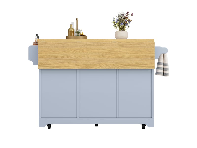  Îlot de cuisine mobile 120 x 40 x 95 cm, plateau extensible, 3 tiroirs, 2 portes et roulettes, bleu, style contemporain  - Conforama E