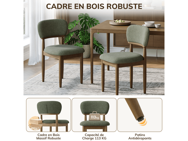 Lot de 4 chaises de salle à manger rembourrées, dossier ergonomique, tissu texturé respirant, structure en bois massif, style moderne, vert - Conforama D