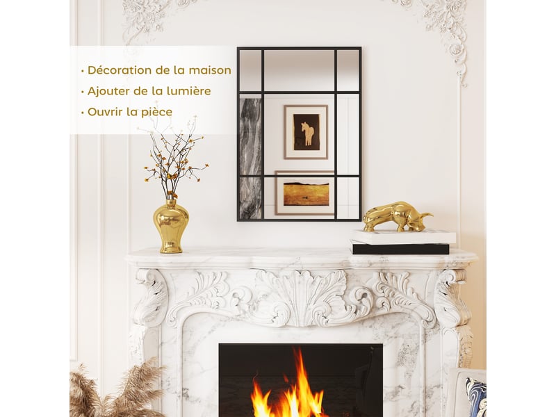  Miroir mural verrière rectangulaire style fenêtre, horizontal ou vertical avec 4 crochets, en métal noir - 50x70 cm  - Conforama D
