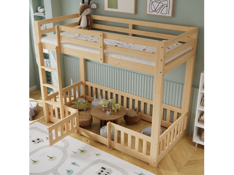  Lit superposé enfant 90x200 cm naturel avec escalier et espace aménageable  - Conforama D