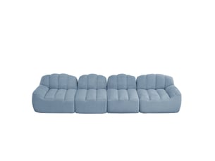 Canapé modulaire 4 places bleu en tissu bouclette, assise profonde et forme coquillage pour le salon