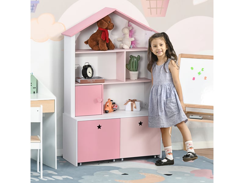 Bibliothèque enfant en bois, avec 4 compartiments, 1 porte et 2 tiroirs à roulettes pour livres et jouets, 80 x 34 x 130 cm, rose et blanc - Conforama B