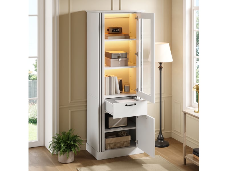  Vitrine 62x41x180 cm avec 2 portes et tiroir, led contrôlée par application, blanche  - Conforama D