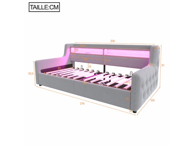  Canapé convertible lit 1 place avec rangement sous assise, éclairage intégré et prises de charge, velours gris clair  - Conforama D