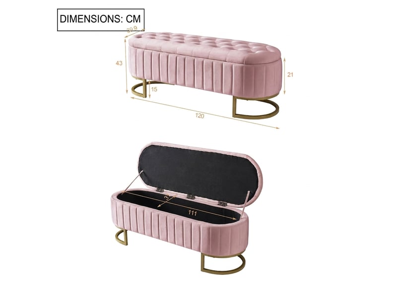 Banc de rangement rose 120 cm en velours avec coffre et pieds en métal  - Conforama C