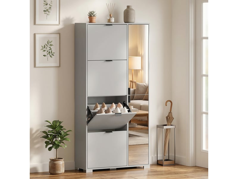  Meuble à chaussures avec miroir, 4 tiroirs à abattants, meuble à chaussures d'entrée, gris  - Conforama B